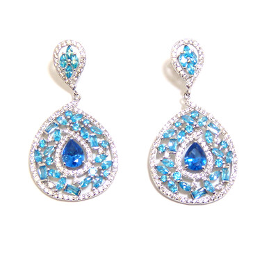 925 Sterling Silver Blue Cz Color full Drop Dangle Earrings, Platinum