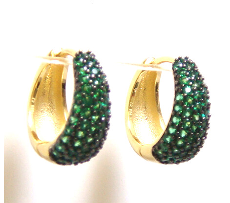 Pave Simulated Emerald Huggies Hoop Earrings 925 Sterling Silver, Yellow Gold 18 mm
