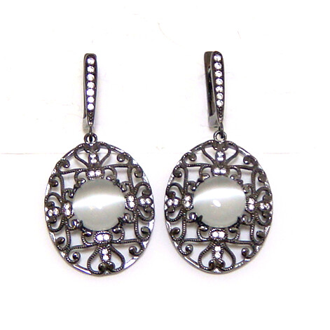 Gray Cat&#39;s Eye Quartz  Dangle Earrings, 925 Sterling Silver, Black Gold