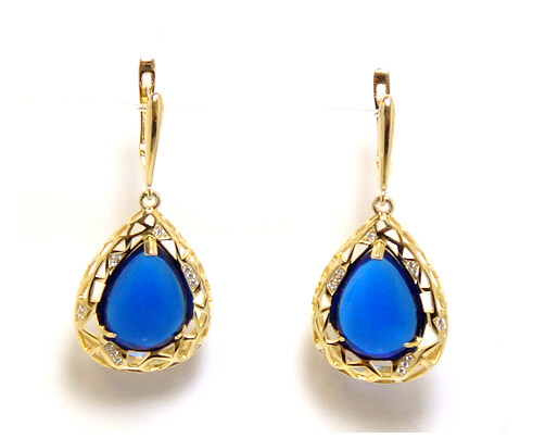 Royal Blue Dangle Earrings, 925 Sterling Silver, Yellow Gold Embraced