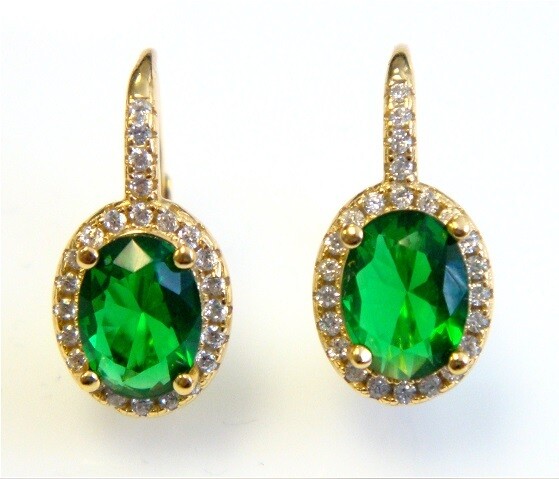 Simulated Diamond &amp; Emerald Earrings 925 Sterling Silver Yellow Gold ER3510