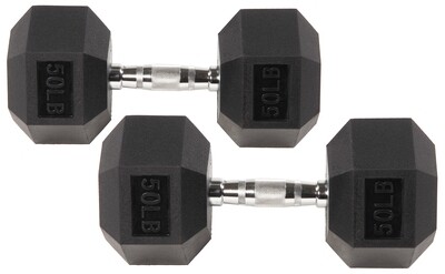 Rubber Encased Hex Dumbbells, 50 lbs Pair