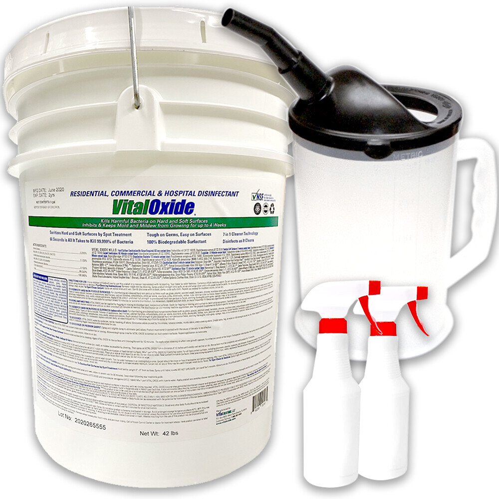 VITAL OXIDE 5-GALLON PAIL SCHOOL AND HOSPITAL GRADE DISINFECTANT CLEANER &amp; MOLD REMOVER WITH (2) SPRAY BOTTLES AND POURING FUNNEL