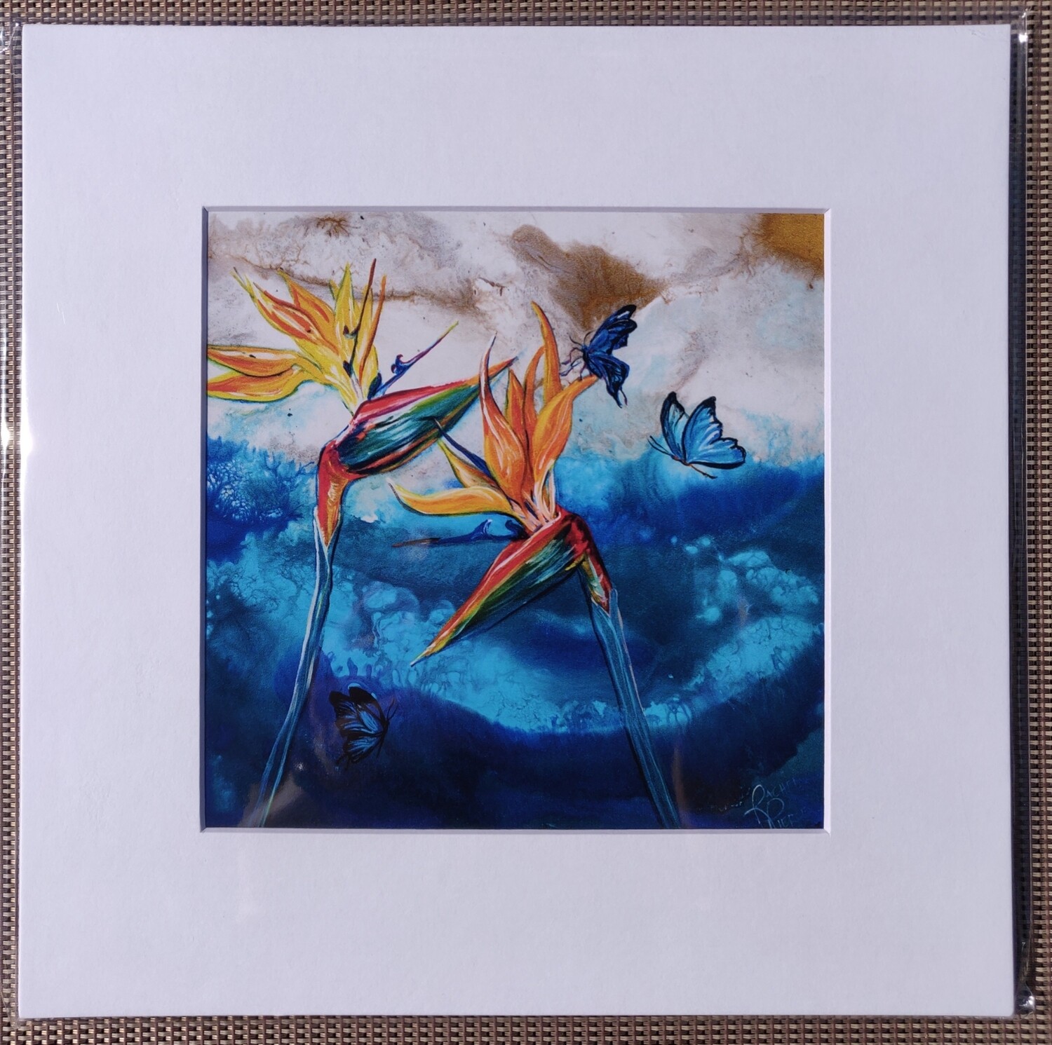 Birds of paradise and Butterflies Matted Print