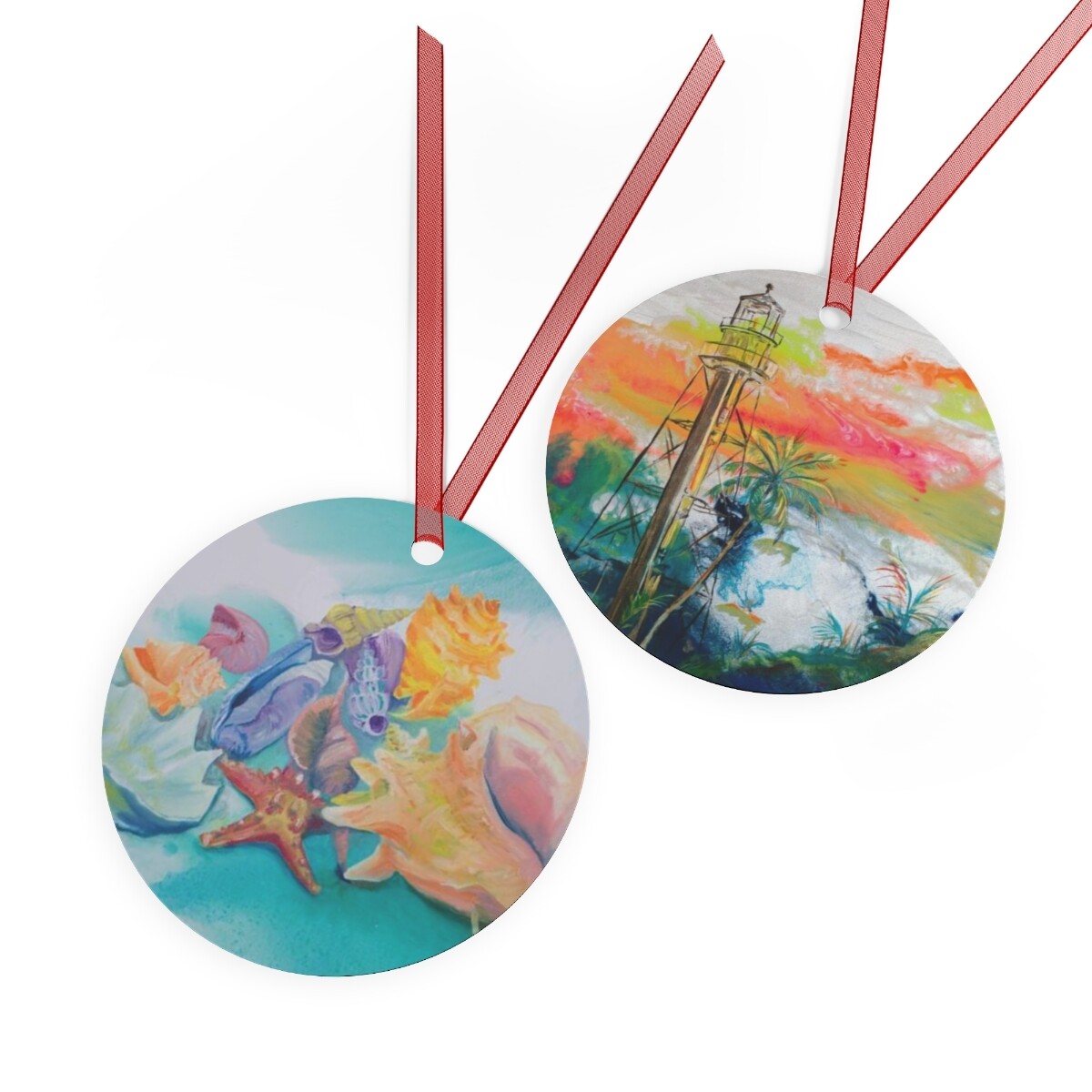 Lighthouse and Shells Circular Metal Ornament