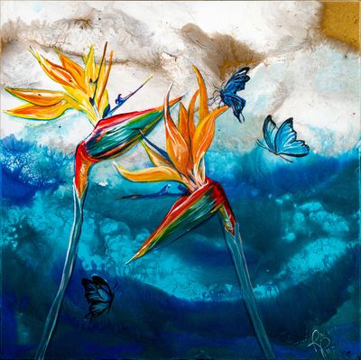 Birds of Paradise and Butterflies Framed Canvas Print