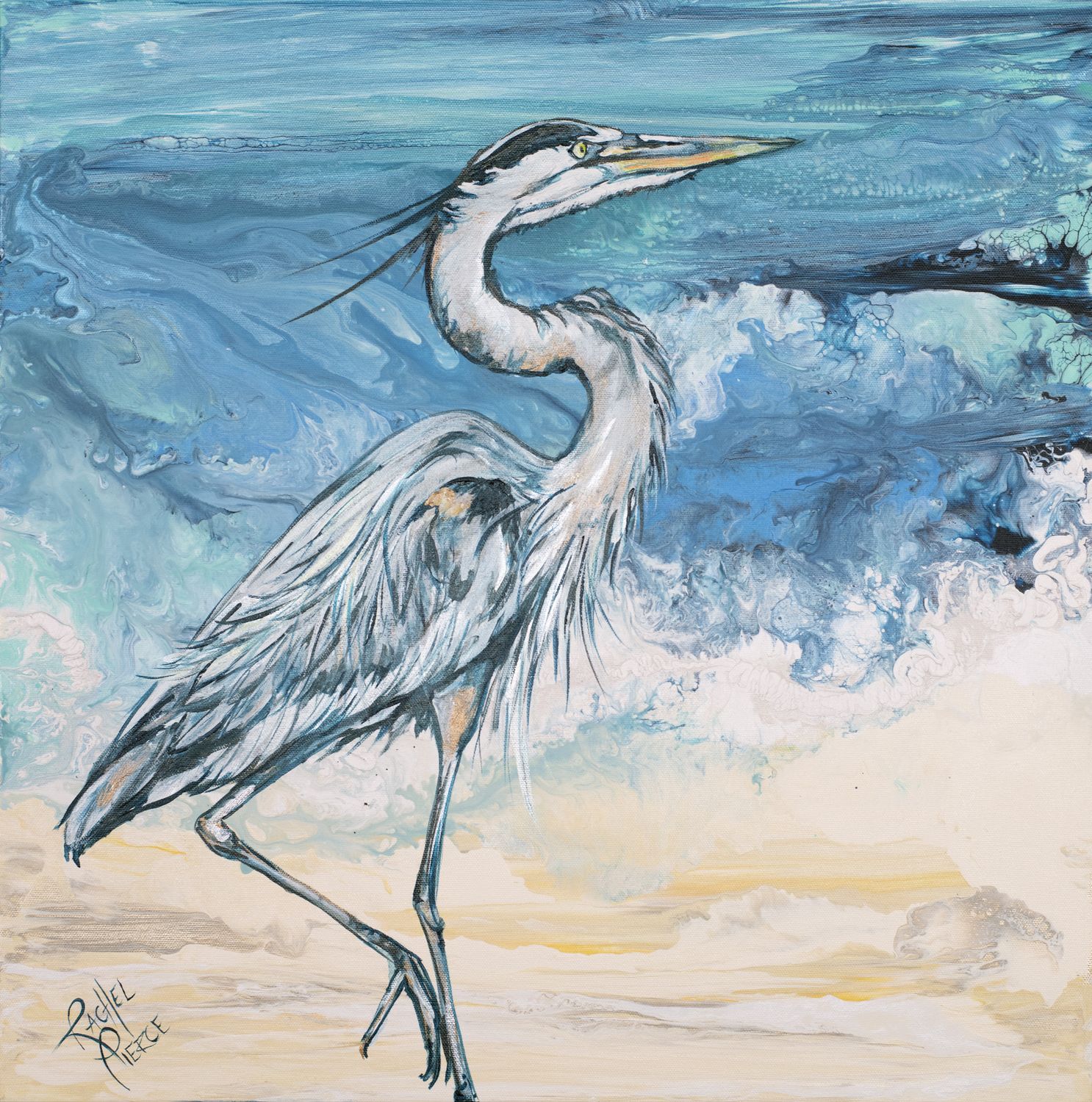 Heron on the Beach Framed Canvas Print