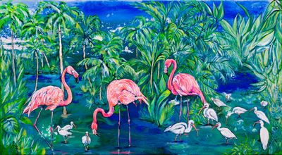 Flamingos and Foliage Paper Print