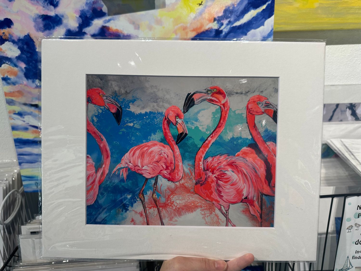 Four Flamingos on the Beach Matted Print