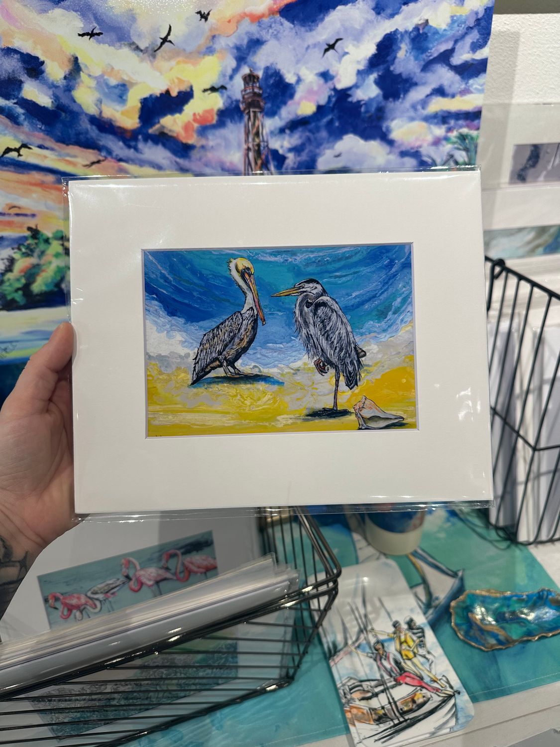Pelican and Heron Beach Day Matted Print
