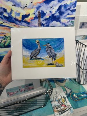 Pelican and Heron Beach Day Matted Print