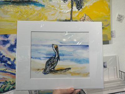 Pelican on the Beach Watercolor Matted Print