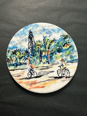 Biking to the Lighthouse Ceramic Coaster