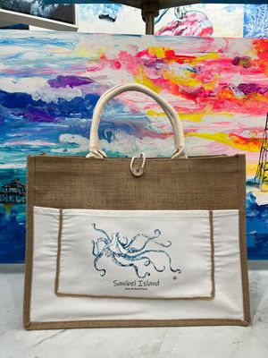Octopus Line Art Burlap Tote