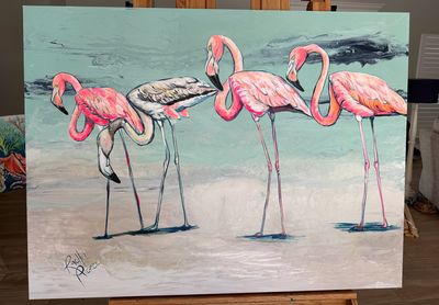 Caught on the Causeway (Flamingos) Matted Print
