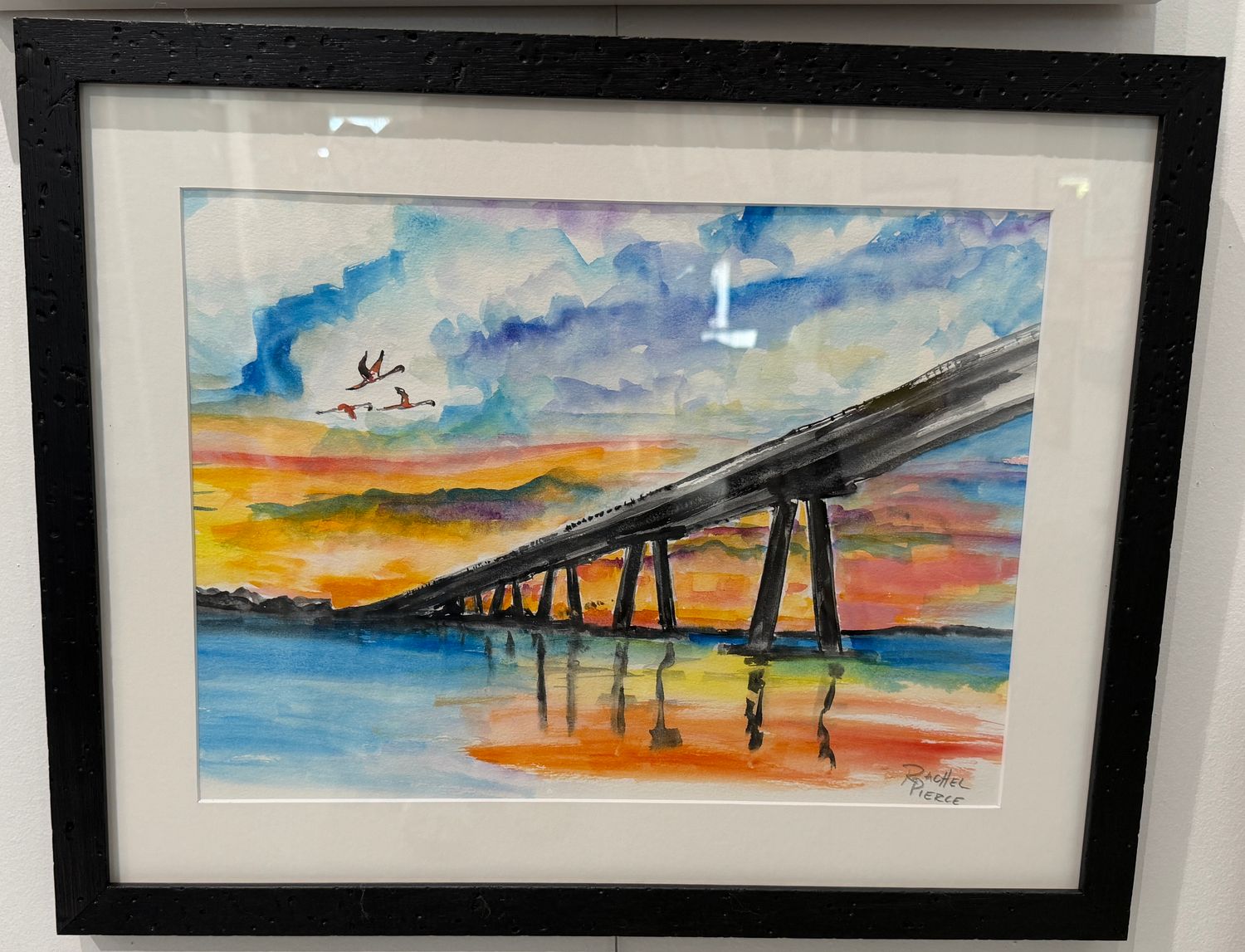 Flamingos Flying Over the Causeway Original Watercolor