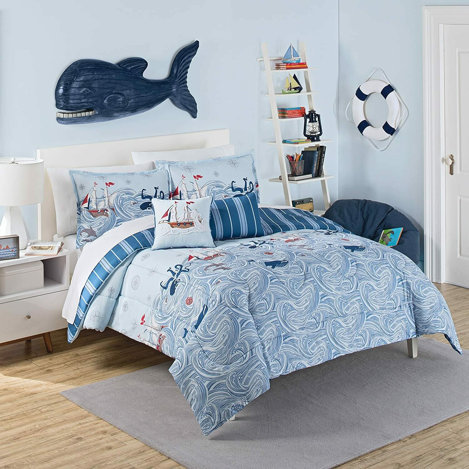 16446BEDDFULAQU Ride The Waves 90-inch by 88-Inch Reversible Full Comforter Collection, Aqua