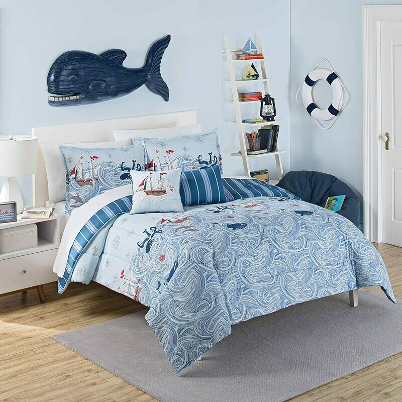 16446BEDDFULAQU Ride The Waves 90-inch by 88-Inch Reversible Full Comforter Collection, Aqua