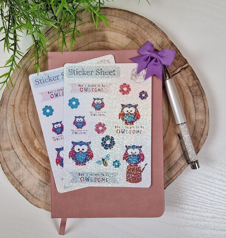 Eulen Aufkleber, Sticker Sheet "Don´t forget to be Owlsome" - Durchmesser 3,5-5cm
