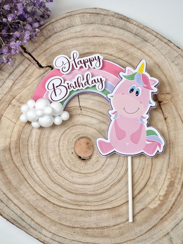 Tortentopper/Caketopper "Happy Birthday" Einhorn (sitzend), 3D Optik