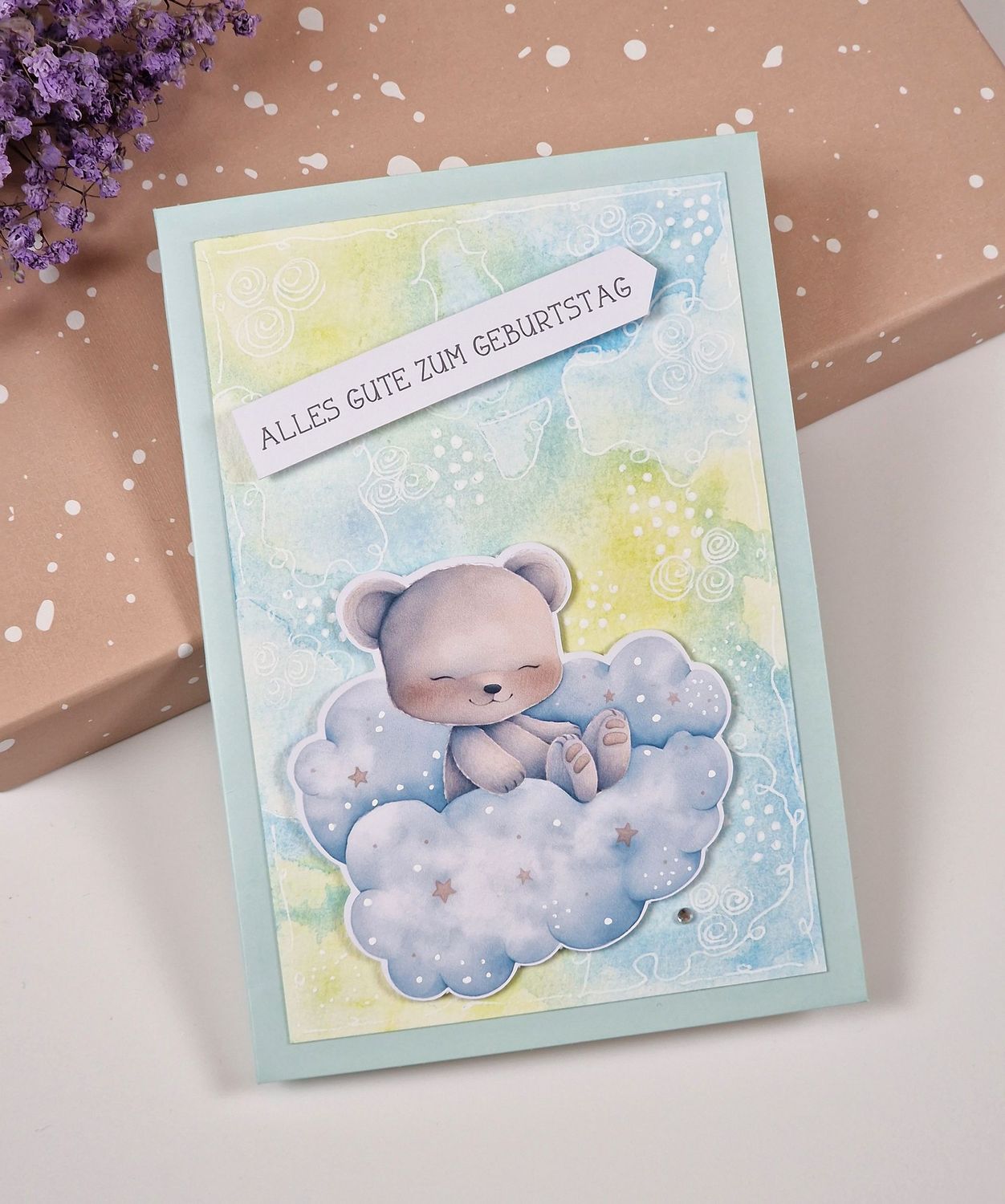 Grußkarte "Alles Gute zum Geburtstag" Bär auf Wolke zum Kindergeburtstag