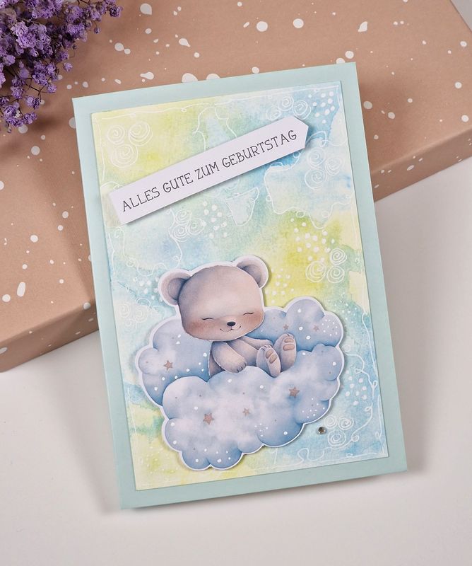 Grußkarte "Alles Gute zum Geburtstag" Bär auf Wolke zum Kindergeburtstag