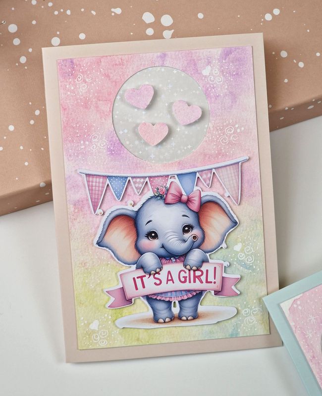 Grußkarte "It`s a Girl" Elefant zur Geburt oder zur Babyparty