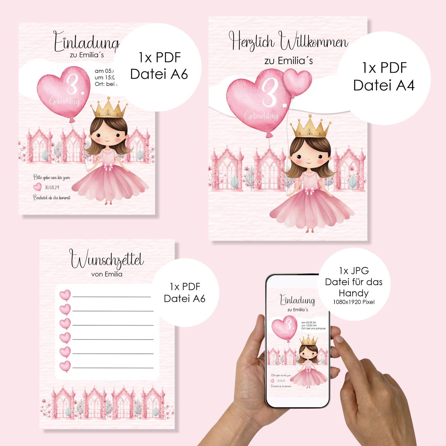 Digitale Einladung zum Kindergeburtstag "Prinzessin" (Du kannst deine Wunsch-Prinzessin auswählen) 4 Dateien