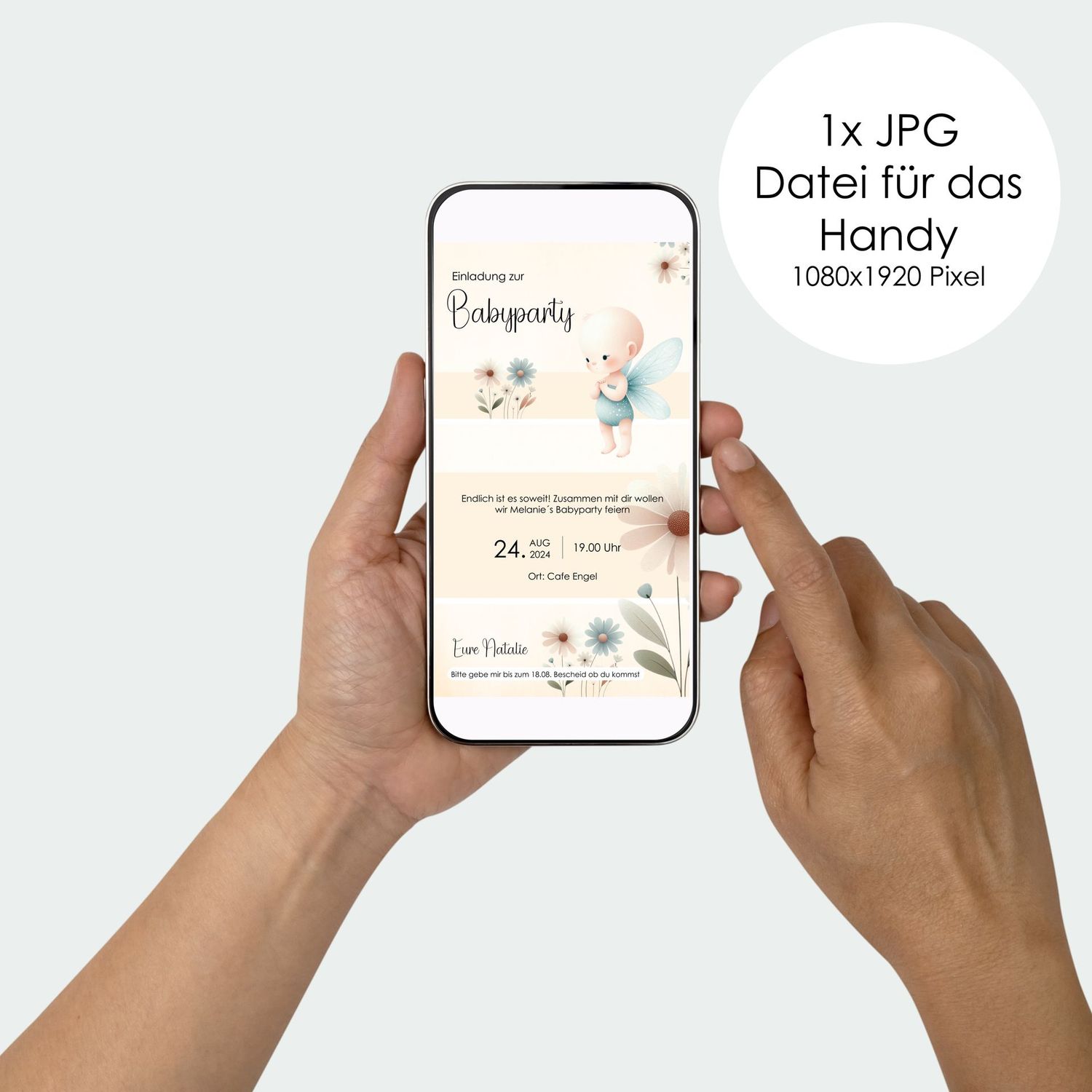 Digitale Einladungskarte zur Babyparty für das Handy