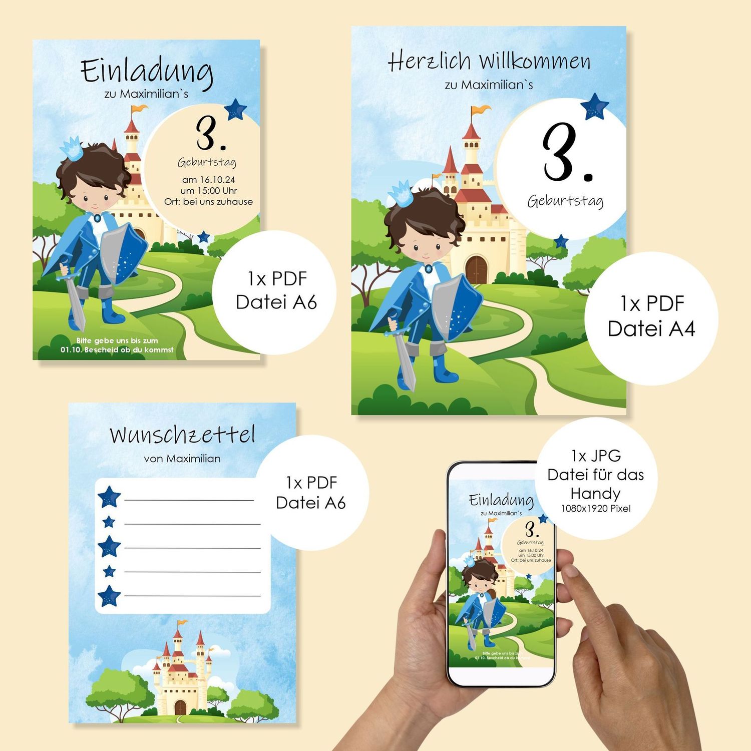 Digitale Einladung zum Kindergeburtstag "Prinz" (Du kannst deinen Wunsch-Prinzen auswählen)