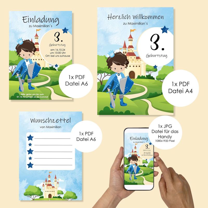 Digitale Einladung zum Kindergeburtstag "Prinz" (Du kannst deinen Wunsch-Prinzen auswählen)