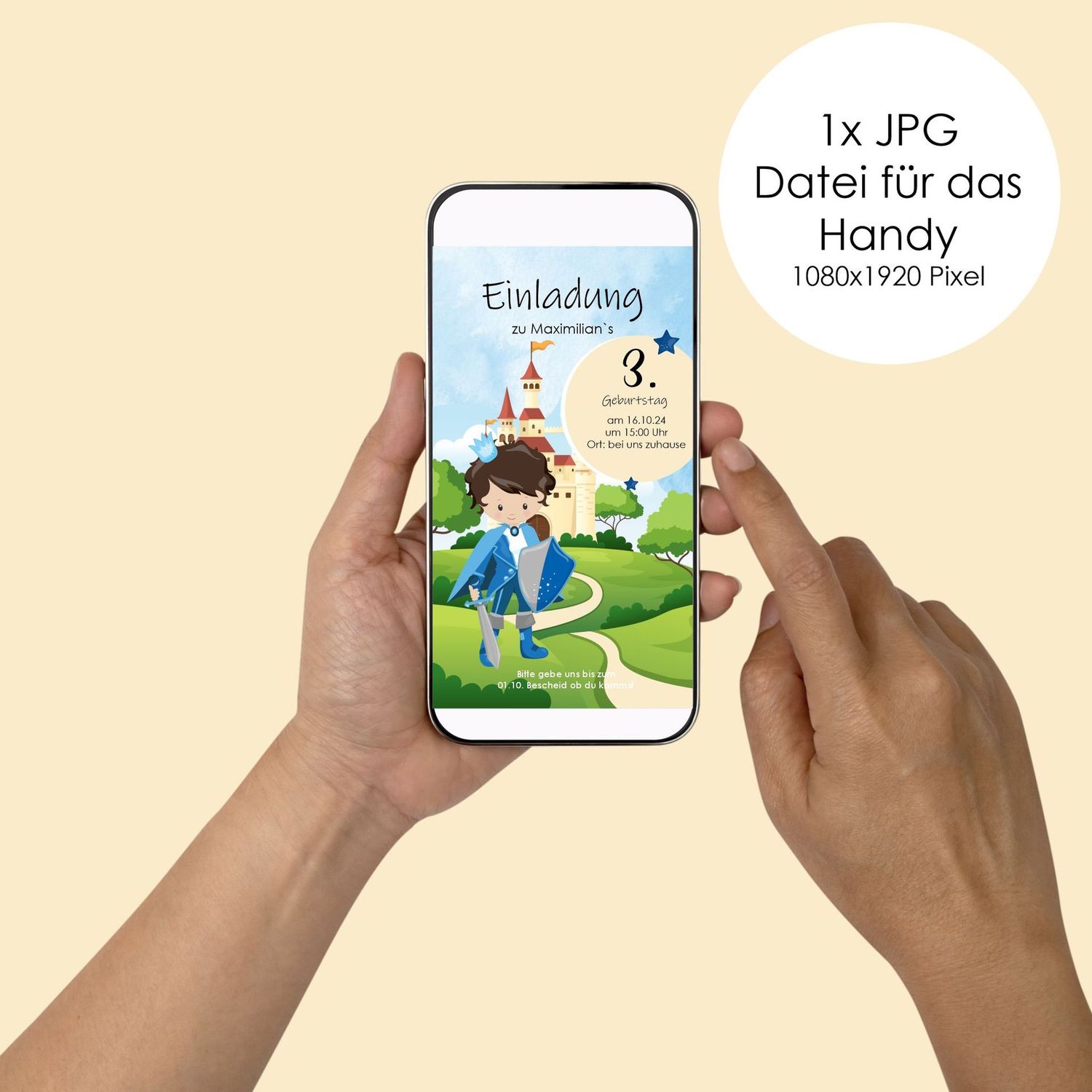 Digitale Einladungskarte zum Kindergeburtstag "Prinz" für das Handy (Du kannst deinen Wunsch-Prinzen auswählen)