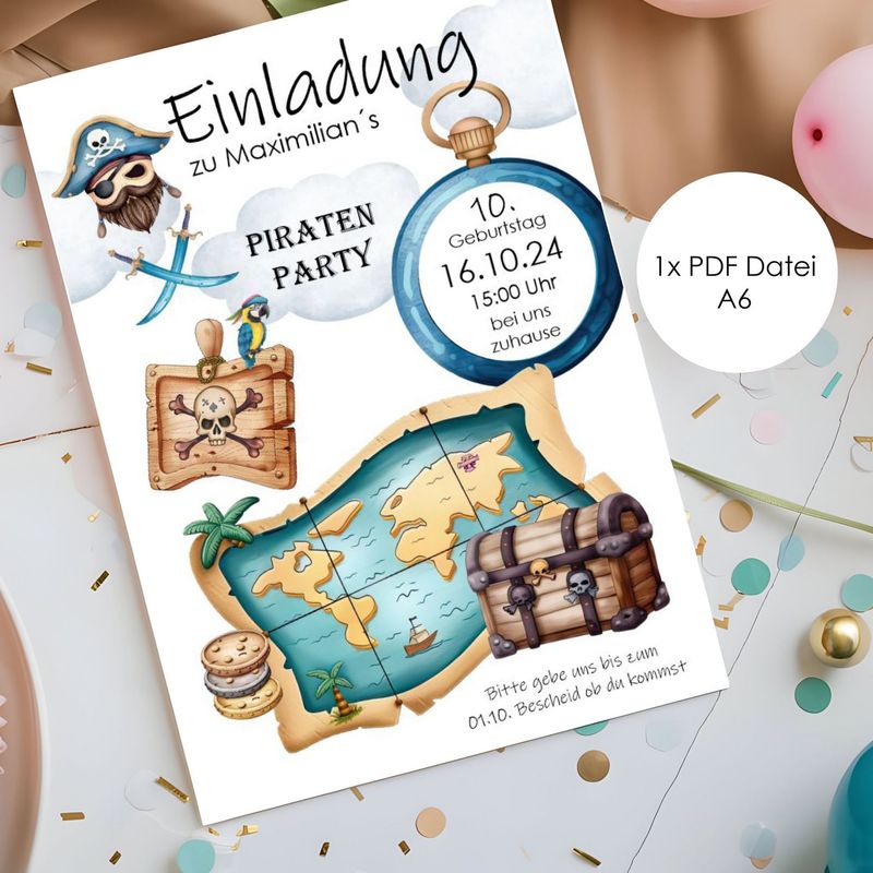 Digitale Einladung zum Kindergeburtstag "Piraten Party" (2 Dateien) Junge