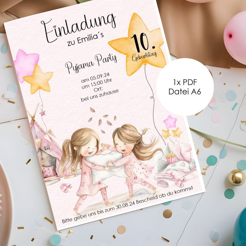Digitale Einladung zum Kindergeburtstag "Pyjama Party" (2 Dateien) Mädchen