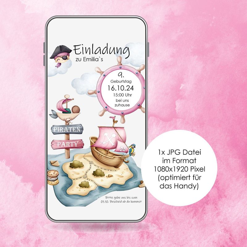 Digitale Einladungskarte zum Kindergeburtstag "Piraten Party" für das Handy, Mädchen, Mottoparty