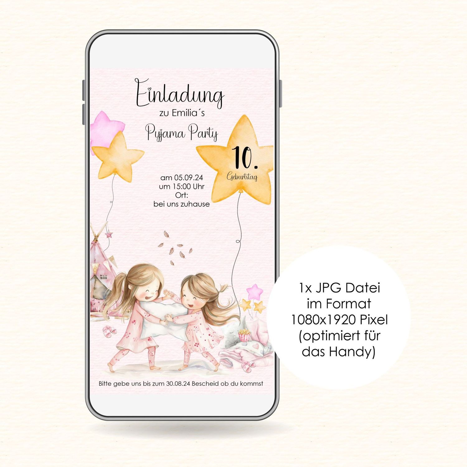 Digitale Einladungskarte zum Kindergeburtstag "Pyjama Party" für das Handy, Mädchen