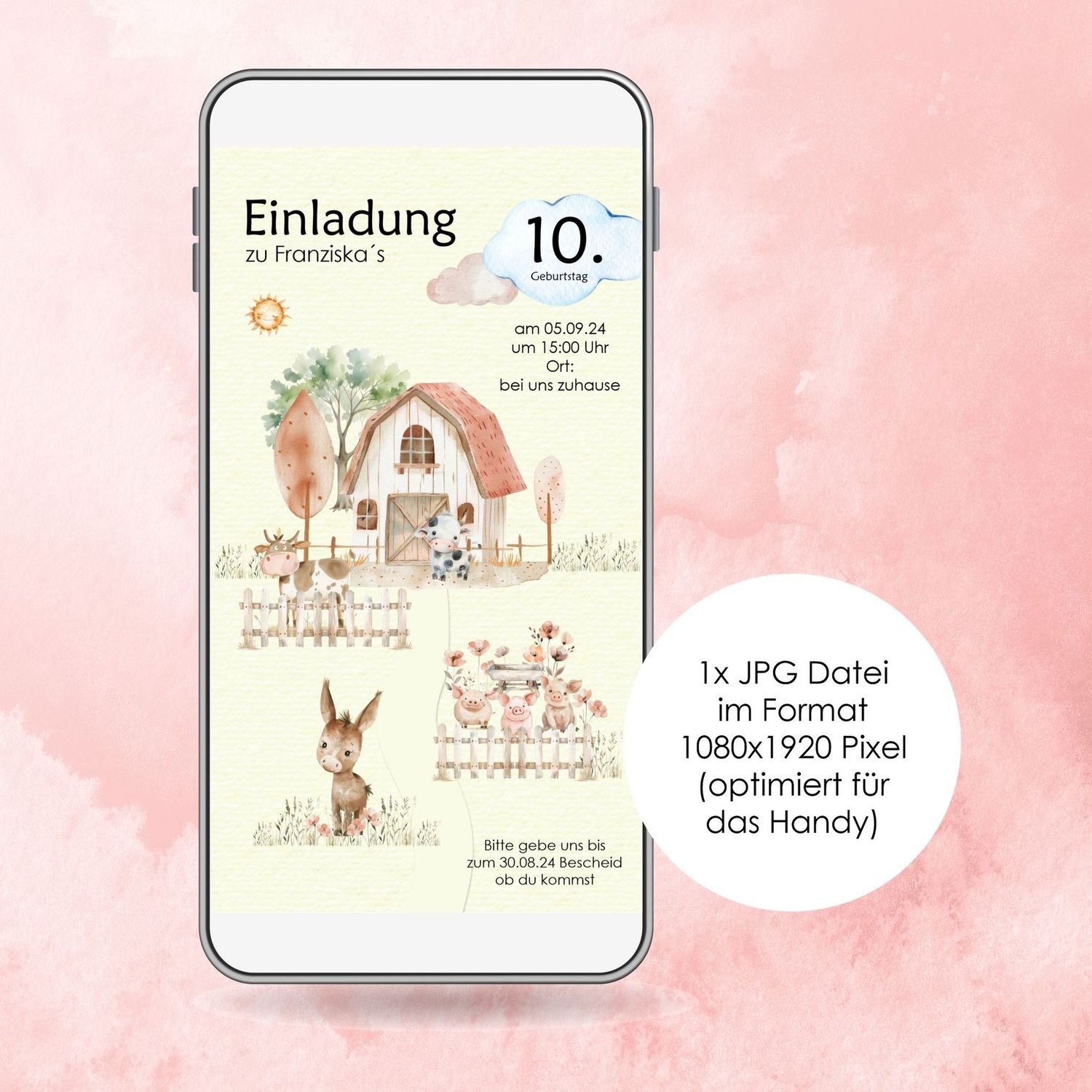 Digitale Einladungskarte zum Kindergeburtstag "Bauernhof" für das Handy! Junge, Mädchen