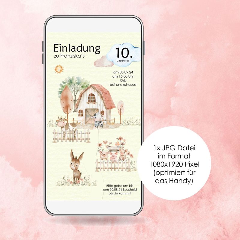 Digitale Einladungskarte zum Kindergeburtstag "Bauernhof" für das Handy! Junge, Mädchen