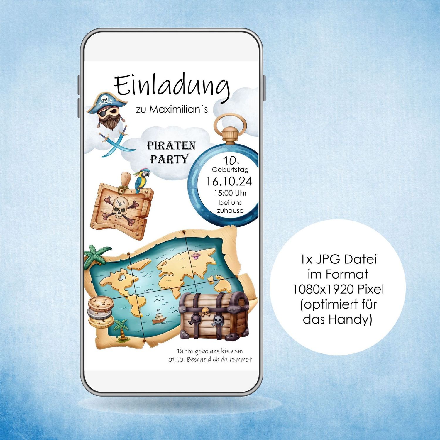 Digitale Einladungskarte zum Kindergeburtstag "Piraten Party" für das Handy, Junge