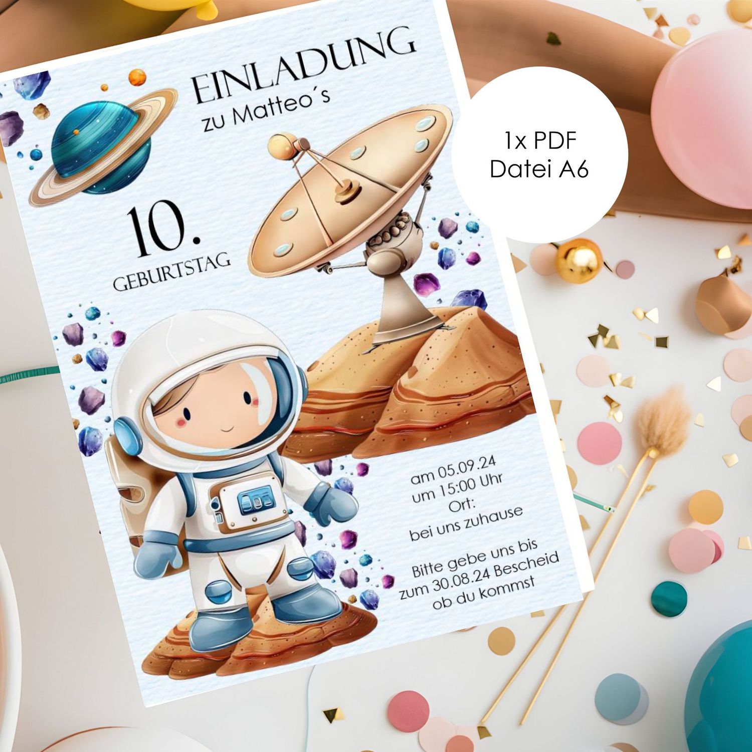 Digitale Einladung zum Kindergeburtstag "Astronaut" (2 Dateien)