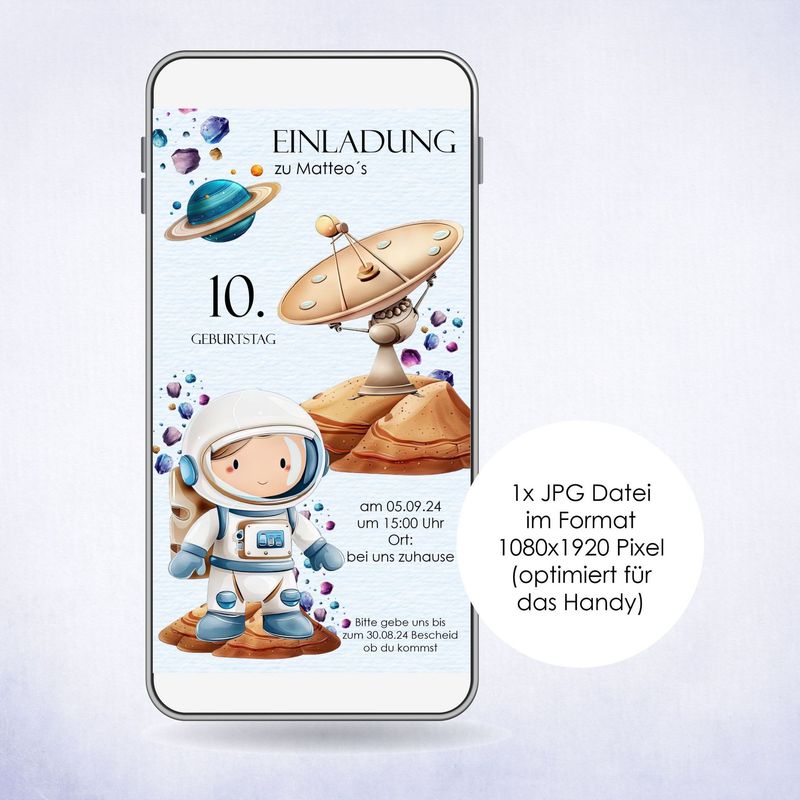 Digitale Einladungskarte zum Kindergeburtstag "Astronaut" für das Handy