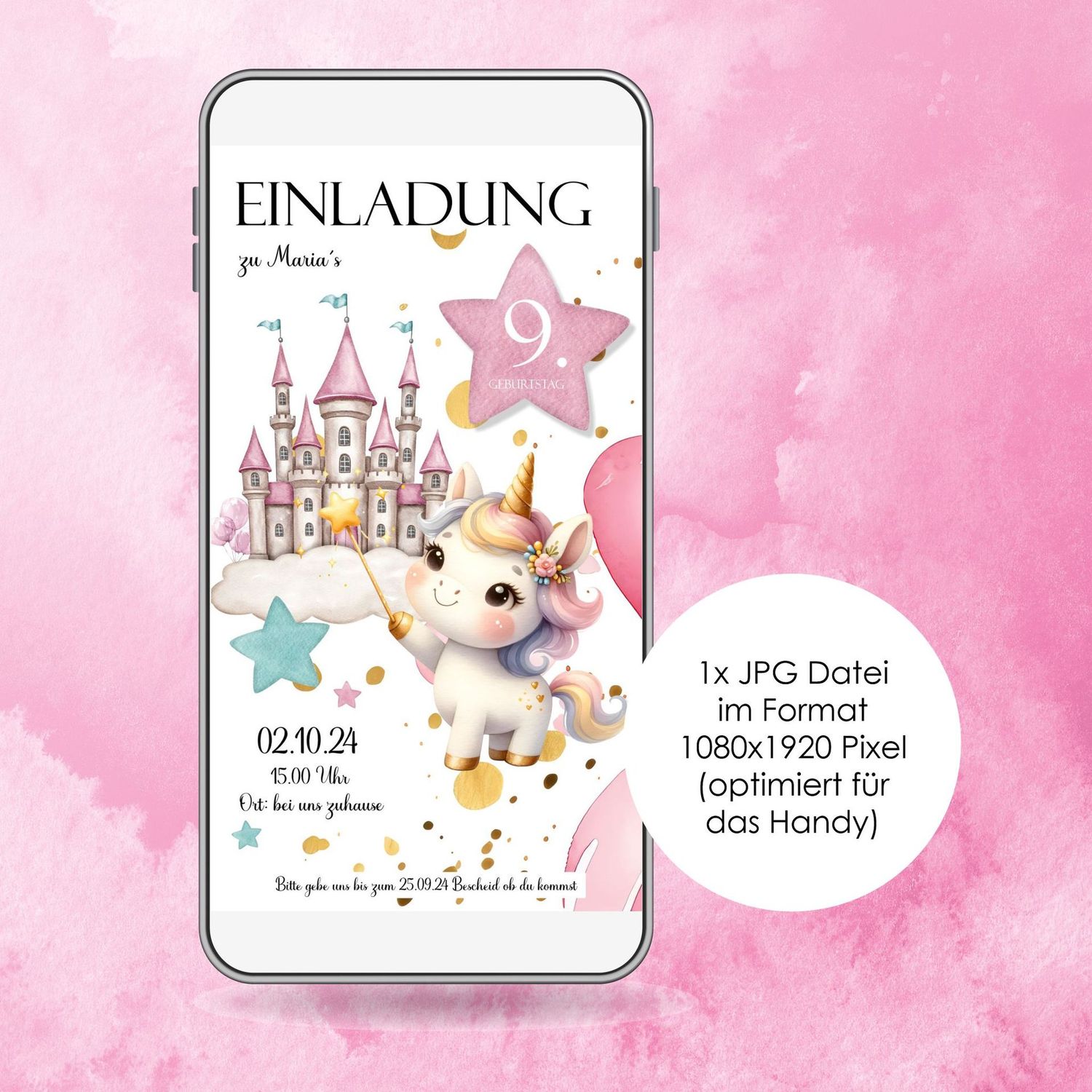 Digitale Einladungskarte zum Kindergeburtstag "Einhorn" für das Handy