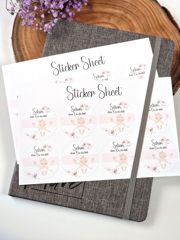 Sticker Sheet, Aufkleber "Schön, dass Du da bist" für Babyparty, Taufe oder andere Anlässe - Durchmesser 4,1cm