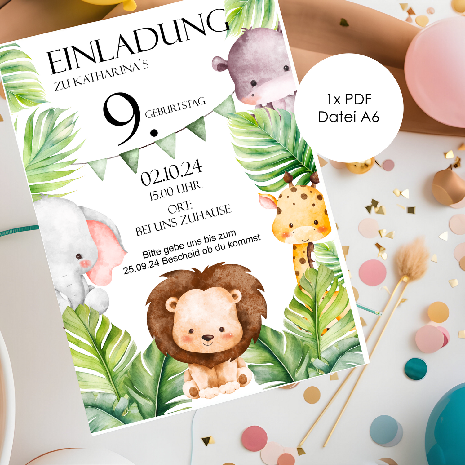 Digitale Einladung zum Kindergeburtstag "Dschungel" (1 Datei) Junge, Mädchen