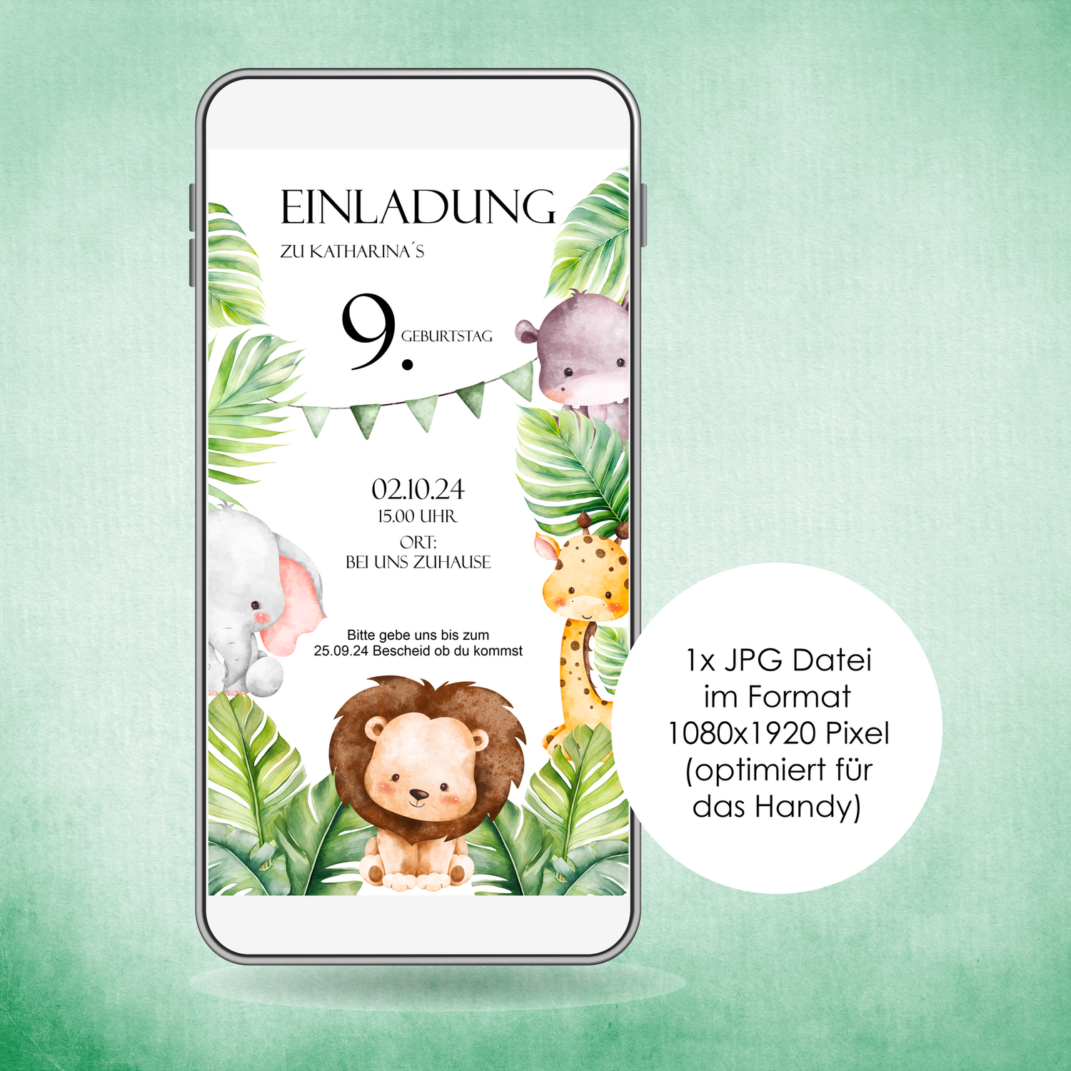 Digitale Einladungskarte zum Kindergeburtstag "Dschungel" für das Handy! Junge, Mädchen