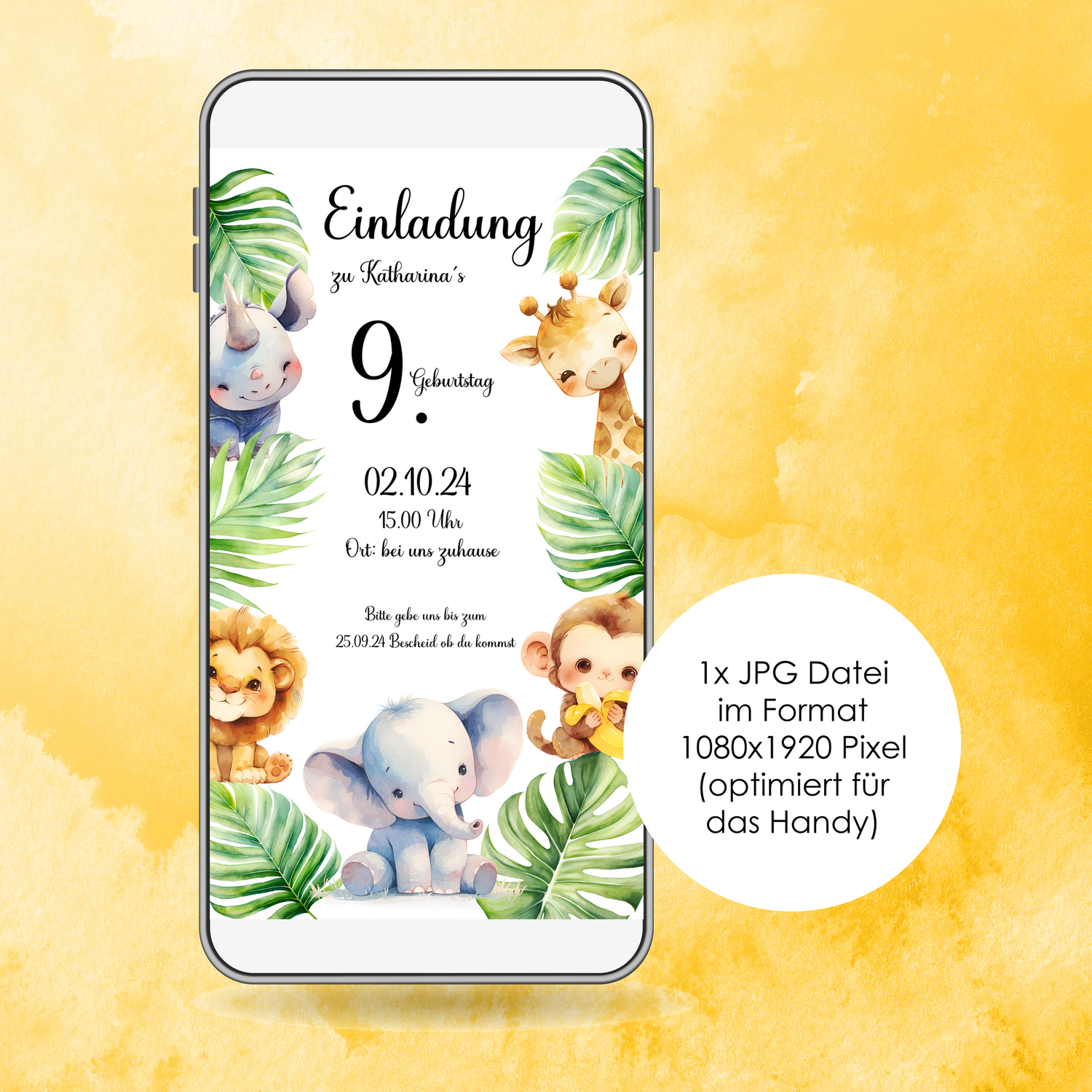Digitale Einladungskarte zum Kindergeburtstag "Dschungel" für das Handy! Junge, Mädchen