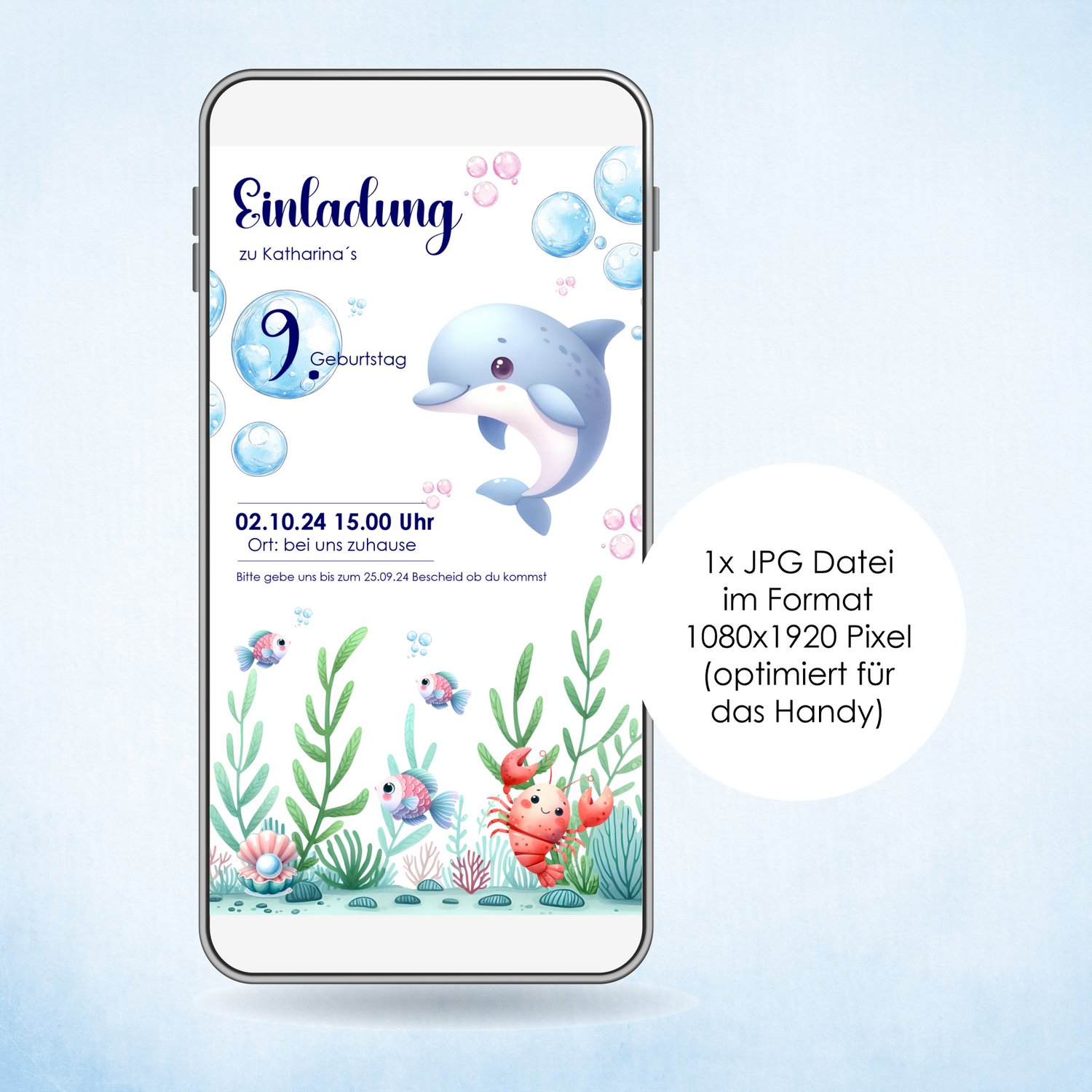 Digitale Einladungskarte zum Kindergeburtstag "Unterwasserwelt" für das Handy