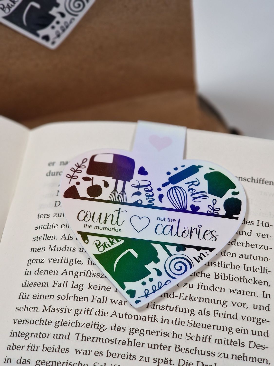 Magnetisches Lesezeichen "count the memories, not the calories", mit irisierender Oberfläche für Buchliebhaber, Backbücher