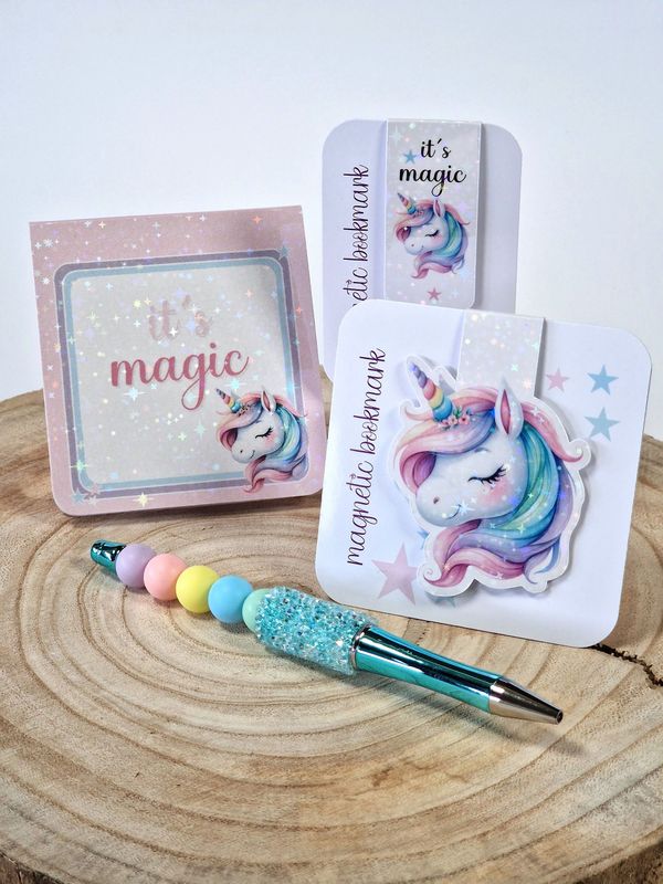 2 Magnetische Lesezeichen & Notizblock "Einhorn" mit GRATIS Kugelschreiber