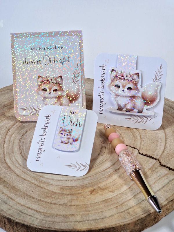 2 Magnetische Lesezeichen & Notizblock "Fuchs" mit GRATIS Kugelschreiber